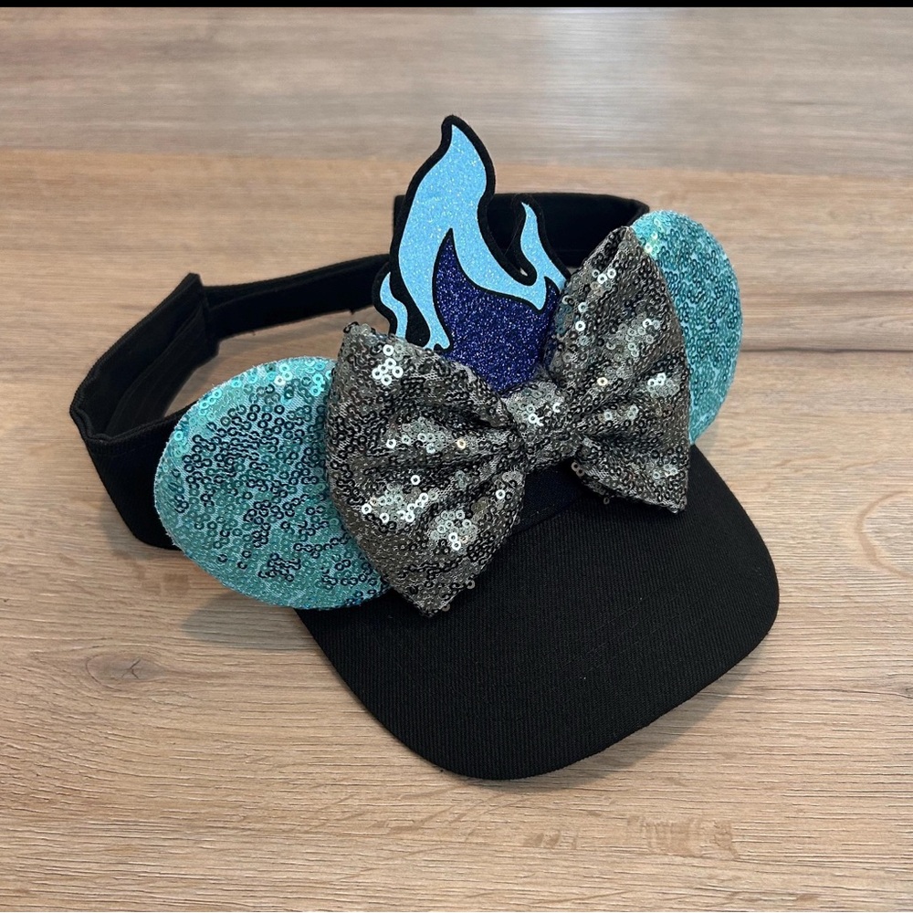 Black Visor with Blue Sequin Ears and Silver Bow